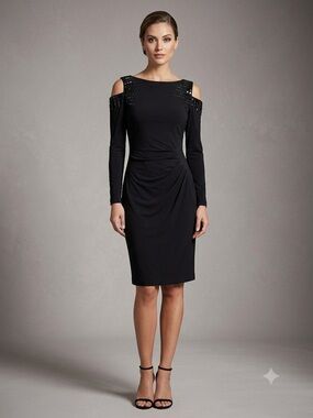 Cache Dress Size 8 Black Embellished Cold-Shoulder Long Sleeve Cocktail Elegant